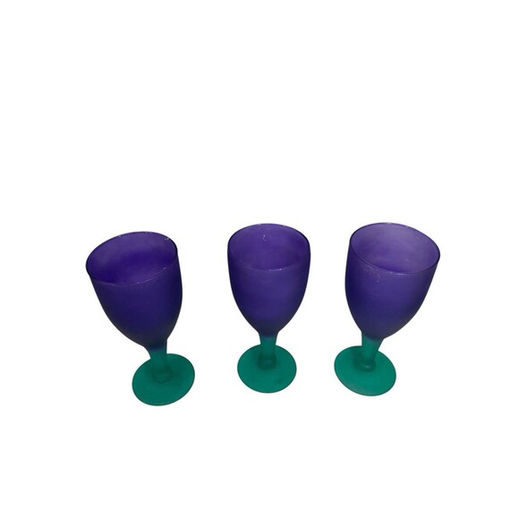 Wine Water Goblet Frosted Purple Green Hand Blown Glass Stemware Set Of 3 Mexico - Picture 14 of 14